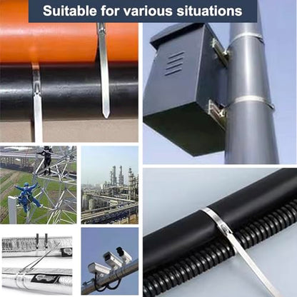 100-Pack Metal Zip Ties 11.8 inch, Heavy Duty 304 Stainless Steel Self-Locking Cable Ties for Outdoor Use, Multifunctional Cable Ties for Exhaust Wrap, Chain Link Fence Parts, Farms, Pipes - color: 100pcs