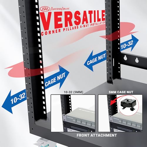 AxcessAbles 22U Open Frame Network & AV Rack with Caster Wheels, Three 2U Shelves, 10-32 & Cage Nut Compatible Rails, Cage Nuts, Screws, Cage Nut Tool & Wall Mount Kit | 19-Inch Equipment Rack - size: 22U - 3 Shelves