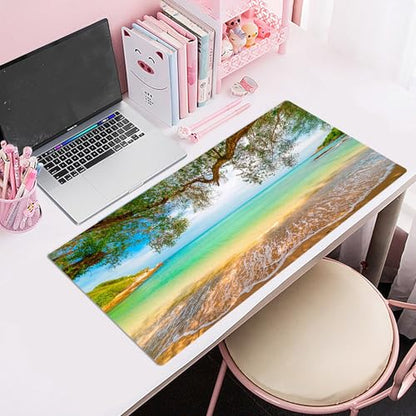 EOBTAIN Beach Mouse Pad Nature Large Extended Gaming Mouse and Keyboard Pad 31.5x15.7 Inch Non-Slip Rubber Extended XXL Mousepad for Office Laptop Computer and Home Desk Mat with Stitched Edges - color: Green