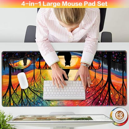 Mouse Pad with Wrist Rest Black Cat, 4-in-1 Large Mousepad+Keyboard Wrist Rest+Mouse Pad Wrist Support+Cup Pad Set,Ergonomic Mousepad,Memory Foam Desk Mat for Home Office Gaming(35.4×15.7in) - color: Lonely Cat