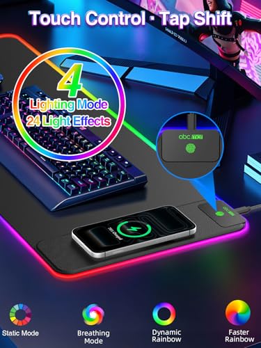 RGB Gaming Mouse Pad with 15W Magnetic Wireless Charger, 31.5'' x 11.8'' Large LED Desk Mat, 24 Lighting Effects Keyboard Pad with Non-Slip Rubber Base, Waterproof Ultra-Smooth Surface - color: RGB-31.5"x11.8"-Magnetic Charging
