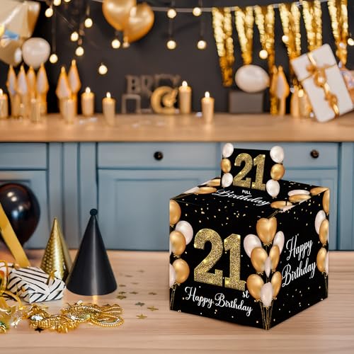 VIVORA 21st Birthday Money Box for Cash Pull, Happy Birthday Black Gold Boxes Gifts for Money Pull Out Card, 50Pcs Transparent Bags - color: Blackgold21st