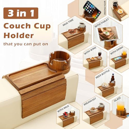 Couch Cup Holder Tray, 15.75" Acacia Wood Couch Armrest Table, 3 in 1 Foldable Sofa Clip on Side Table with 360° Phone Stand, Armrest Tray for Coffee Snacks - color: Acacia Wood
