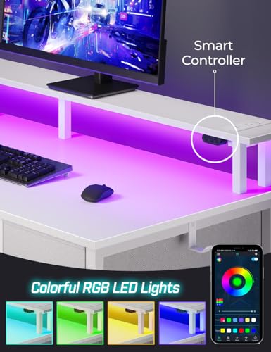 Seventable Computer Desk with Power Outlets & LED Light, 39 inch Home Office Desk with 5 Drawers, Writing Desk with Monitor Stand, Work Desk for Home Office, White - size: 39 inch
