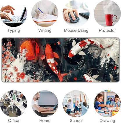 Koi Fish Large Mouse Pad,Gaming Keyboard Desk Pad,Extended Mouse Mat Non-Slip Rubber Base with Stitched Edges for Office Game Home XL 31.5"x11.8" - color: Koi Fish, size: 31.5L x 11.8W inches