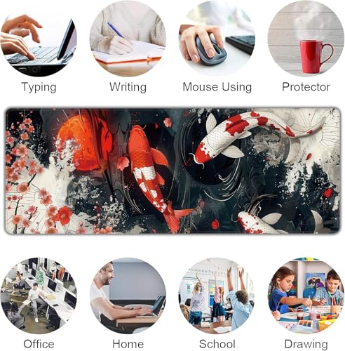 Koi Fish Large Mouse Pad,Gaming Keyboard Desk Pad,Extended Mouse Mat Non-Slip Rubber Base with Stitched Edges for Office Game Home XL 31.5"x11.8" - color: Koi Fish, size: 31.5L x 11.8W inches