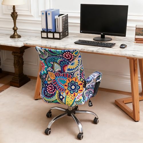 Waterproof Office Chair Cover with Armrest Cover 18Inch Wide Stretch Printed Boho Small Desk Computer Chair Covers with Long Zipper Arm Slipcovers Washable - color: Waterproof-boho, size: Small