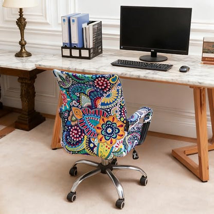 Waterproof Office Chair Cover with Armrest Cover 18Inch Wide Stretch Printed Boho Small Desk Computer Chair Covers with Long Zipper Arm Slipcovers Washable - color: Waterproof-boho, size: Small