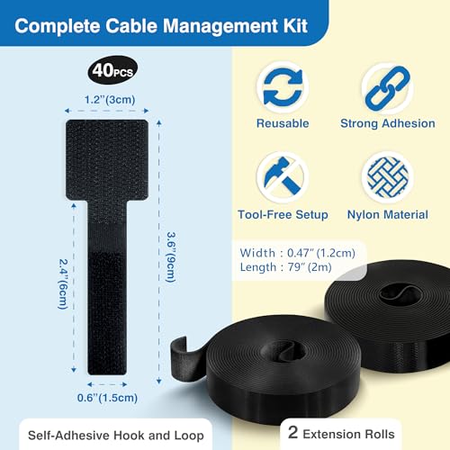 Cable Management Kit – 40 Self-Adhesive Hook & Loop Cable Ties with 2 Extension Straps, Strong Adhesive Cord Organizer for Desk, Wall, Home & Office – Adjustable Wire Holders (Black) - color: Black