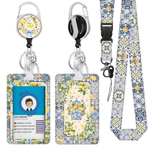 Lemon Lanyards for ID Badge, Lanyard ID Card Holder with Retractable Reel Clip and Keychain, Heavy Duty Vertical Identity Badge Cover Case Protector for Teacher Nurse Women Men - color: Lemon-yellow