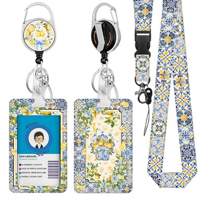 Lemon Lanyards for ID Badge, Lanyard ID Card Holder with Retractable Reel Clip and Keychain, Heavy Duty Vertical Identity Badge Cover Case Protector for Teacher Nurse Women Men - color: Lemon-yellow