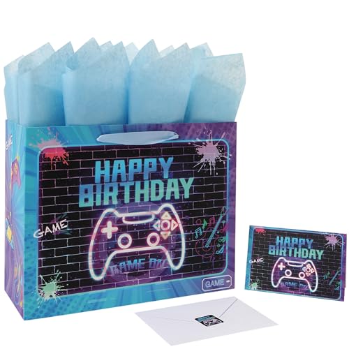wishinside 13” Large Gamer-themed Birthday Gift Bag Set with Handles, Greeting Card, Tissue Papers and Stickers for Boys Girls Kids Teens Men Women, Game Design, 1 Pcs