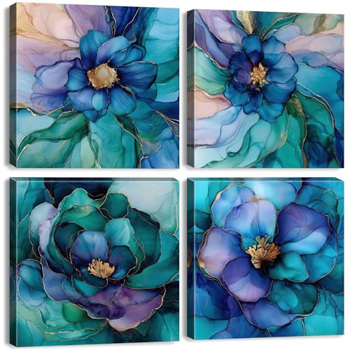 Abstract Teal Wall Art Turquoise Marble Wall Decor Teal Purple Blue and Gold Flowers Canvas Prints Marble Textured Floral Paintings Artwork for Living Room Bedroom Office Home Decoration 12x12" 4Pcs - color: Marble, size: 12 x 12 in
