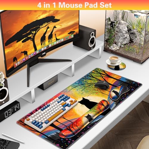 Canjoy Cute Black Cats Anime Mouse Pad Set, 4-in-1 Kawaii Large Mouse Pad + Keyboard Wrist Rest Support+ Coaster, (35.4×15.7 in) Extended Desk Pad Memory Foam Non-Slip Desk Mat for Home Office - color: Rainbow Cats