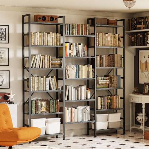 SUPERJARE Triple Bookshelf, Bookcase with 17 Open Display Shelves, Wide Book Shelf Book Case for Home & Office, 6 Tier, Grey - color: Grey, size: 6 Tier