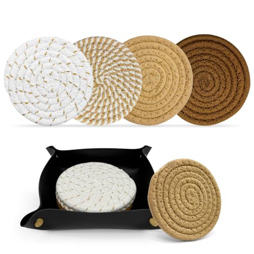 Coasters Set of 4, Boho 4-Color | for Drinks, Coffee Table and Kitchen Tabletop Protection, Suitable for Cups, Coffee, Beer, Home Decor, Cotton Woven