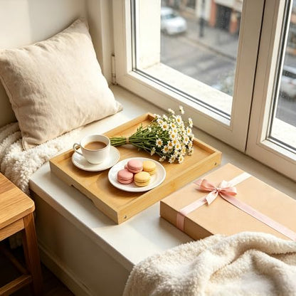 Large Breakfast Tray with Folding Legs Set of 2, 16.9" x 12.2" Bamboo Bed Tray Table with Ergonomic Wave Handles, Foldable TV Dinner Tray for Bed Couch Sofa, Breakfast, Laptop, Coffee, Natural - color: Natural, size: Large
