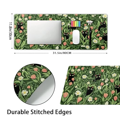 Kawaii Green Plant Gaming Mouse Pad XL Cute Black Cat Flower Cottagecore Extended Big Large Desk Mat Non-Slip Rubber Base Stitched Edge Long Keyboard Mousepad for PC Computer Laptop,31.5×11.8 in - color: Cute Japanese-cat, size: X-Large