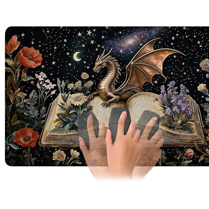 for MTG Playmat 24 x 14 Inches Dragon Flowers Spell Books Magic Play Mat Card Game Mat for Magic The Gathering TCG PTCG Playmat with Free Storage Bags Non-Slip Backing and Stitched Edge - color: Dragon Flowers Spell Books No With Zones