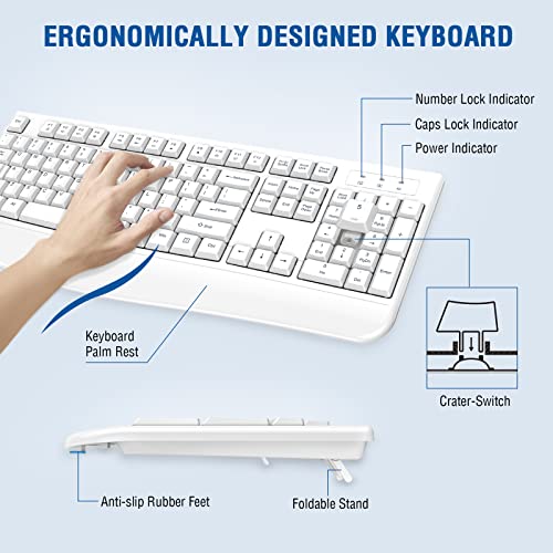 Wireless Keyboard and Mouse Combo, EDJO Full-Sized Ergonomic Computer Keyboard with Wrist Rest and 3 Level DPI Adjustable Wireless Mouse for Windows, Mac OS Desktop/Laptop/PC (White) - color: White