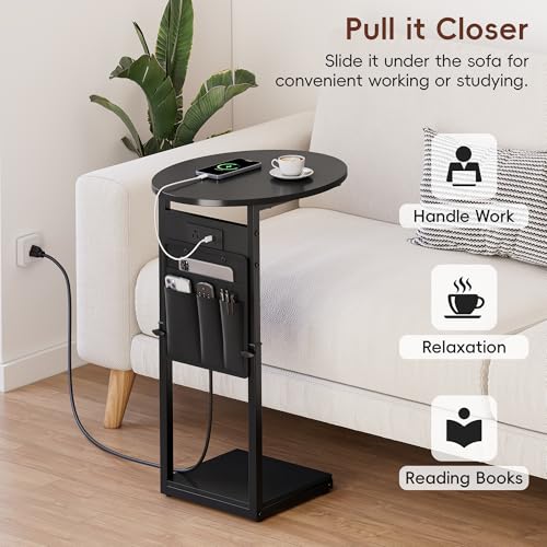 Vagusicc C Shaped End Table with Charging Station, 32" Tall Side Table for Couch and Recliner, Adjustable Height Small Couch Side Table Slide Under Sofa TV Tray Table for Living Room, Bedroom, Black - color: Black, style: Charging Station