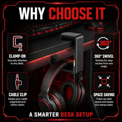 Clamp-On Under Desk Headphone Hanger, 360° Rotating Hook with Cable Clip, No Adhesive No Drill, Gaming & Office Desk Headset Organizer Black