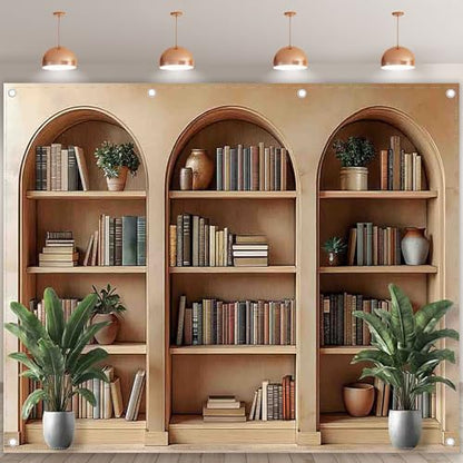 10x8ft Fabric Arched Bookshelf Backdrop School Library Books Modern Office Plants Video Conference Photography Background Indoor Decorations Photo Banner Props - size: 10'x8'