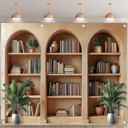 10x8ft Fabric Arched Bookshelf Backdrop School Library Books Modern Office Plants Video Conference Photography Background Indoor Decorations Photo Banner Props - size: 10'x8'