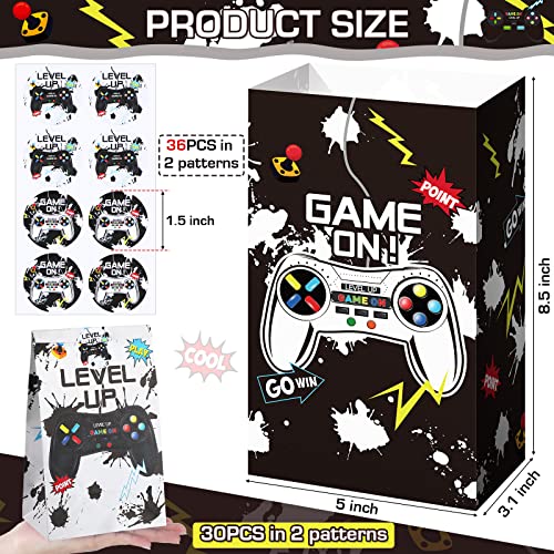 Geosar 30 Pack Video Game Party Favor Paper Bags Game on Goodie Candy Gift Bags with 30 Stickers Level up Reusable Goodie Treat Snacks Supplies for Boys Kids Gaming Birthday Party(White, Black) - color: White, Black