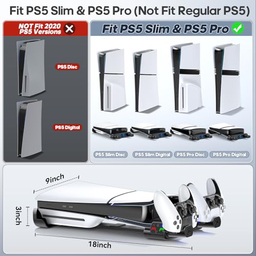 PS5 Slim/Pro Horizontal Stand, PS5 Cooling Station with Dual Controller Charger for Disc & Digital Versions, 3-Level Cooling Fan - Black (NOT Fit 2020 PS 5 Regular Version), for Playstation Console - color: Whole Black, size: S