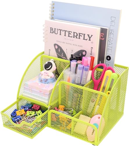 Boutilon Mesh Desk Organizer Desktop Office Supplies Stationary Organizer with 6 Compartments and 1 Drawer Multi-Functional Caddy Pen Holder for Home Office School Desk Decor(Fruit Green) - color: Fruit Green