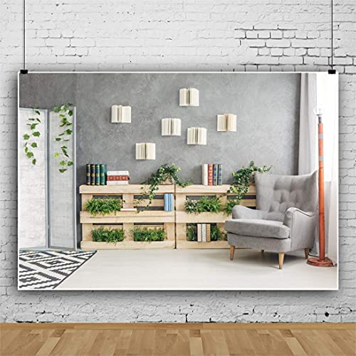 YongFoto 6x4ft Interior Room Backdrop for Photography Wooden Bookshelf Green Plants Screen Armchair Grey Lounge Background Modern Home Banner Decor Live Video Portrait Photo Studio Props