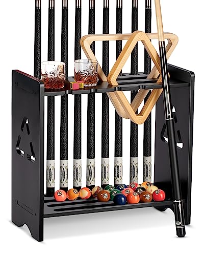 EXTCCT Pool Cue Stick Holder - Floor Stand Billiards Rack Oak Solid Wooden Holds 9 Cues and Pool Table Accessories Organizer - color: Cup Slots - Black