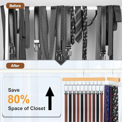 TOPIA HANGER 2 Pack 2 in 1 Belt Tie Hanger for Closet Max 60 Belts with 60 Ties Capacity, 20 Hooks Belt Tie Racks Wooden Hanger for Closet Organizer Space Saving “U” Fit Belt and “一” Fit Tie - CT59N - color: Natural-2 Pack
