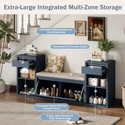 77.48" Entryway Storage Bench with Cushion, Drawers & Shelves, Antique Navy | 4-in-1 Hallway Bench with Drawers, Compartments & Open Shelves – Mudroom Shoe Storage, Entryway Organizer - color: Antique Navy