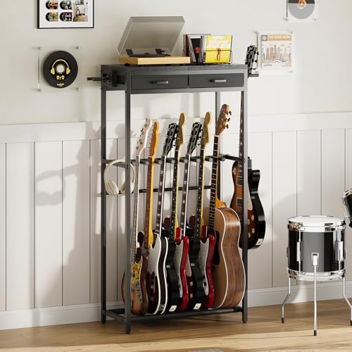 ELYKEN Guitar Stand, Guitar Rack with 2 Hangers and Storage Drawers for Guitar Accessories, Multiple Guitar Holder for Acoustic Electric Guitar, Bass, Ukulele, Instrument, Music Studio, Black - color: Black, size: 7-9 Guitars