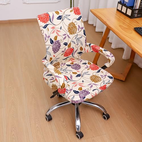 Waterproof Office Chair Cover with Armrest Cover 18Inch Wide Stretch Printed Floral Small Desk Computer Chair Covers with Long Zipper Arm Slipcovers Washable - color: Waterproof-printed Flower, size: Small