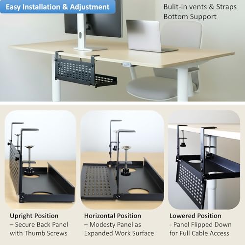 AEONS Universal Under Desk Cable Management Tray-Clamp Mount Hinged Swing Modesty Panel Organizer for Office Desks, Easy Access Flip-Down Position Power Strip Cord Storage No-Drill, 25 lb Capacity - style: 16" Swing, Black