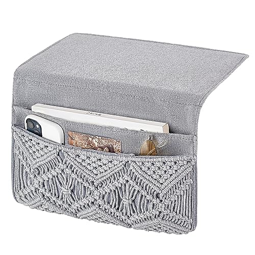 Mkono Macrame Bedside Caddy Storage Organizer Boho Remote Control Tablet Magazine Holder with 4 Pockets Non-slip Countertop Bedside Caddy for Home Bedroom Living Room College Dorm Bed, Grey - color: Grey, size: Medium