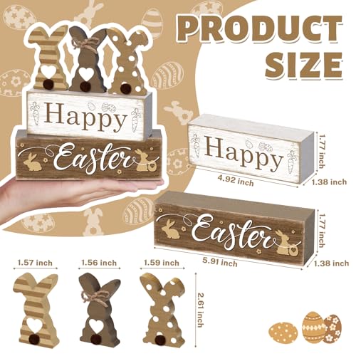4 Pcs Easter Table Decor Happy Easter Neutral Bunny Tiered Tray Decorations Set Spring Cute Bunny Rabbit Rustic Farmhouse Wooden Stack Block Signs Party Tabletop Decor for Home Office Gift - style: Happy Easter