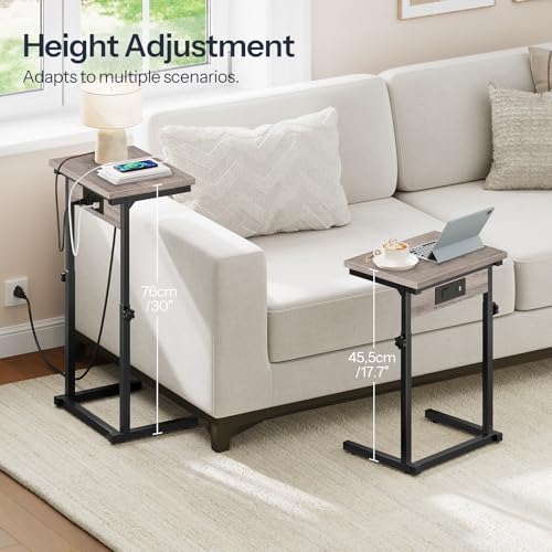 HOOBRO C-Shaped End Table with Charging Station, Adjustable Height Sofa Tray Side Table, Slide Under Couch Arm Table, Small C Side Table for Small Space in Living Room, Bedroom, Greige BG71USF01 - color: Greige + Black
