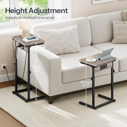 HOOBRO C-Shaped End Table with Charging Station, Adjustable Height Sofa Tray Side Table, Slide Under Couch Arm Table, Small C Side Table for Small Space in Living Room, Bedroom, Greige BG71USF01 - color: Greige + Black
