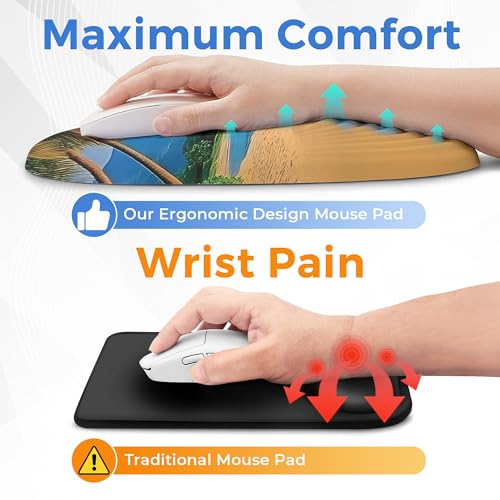 Ergonomic Mouse Pad with Wrist Support, Memory Foam Wrist Rest for Pain Relief & Carpal Tunnel, Non-Slip Base for Office, Computer, PC, Laptop (12x8x1.2inch, Yellow Beach) - color: 12 Yellow Beach