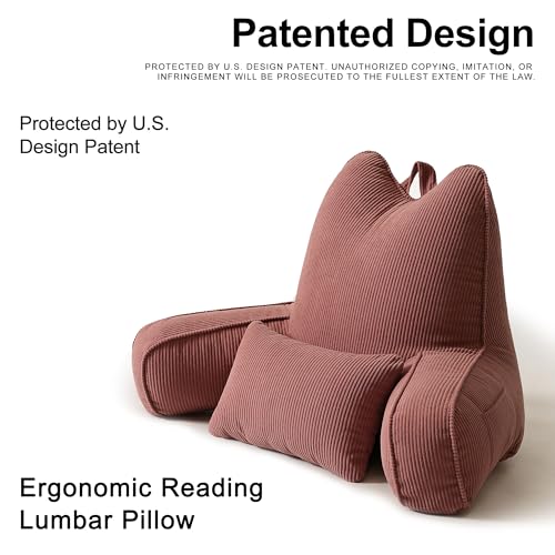 Patented Design Lounge Pillow with Arms for Couch & Bed, Extra Large Reading Pillow Backrest with Detachable Lumbar Support, Sitting Up Support Cushion with Side Pockets, Brick Brown - color: Brick Brown
