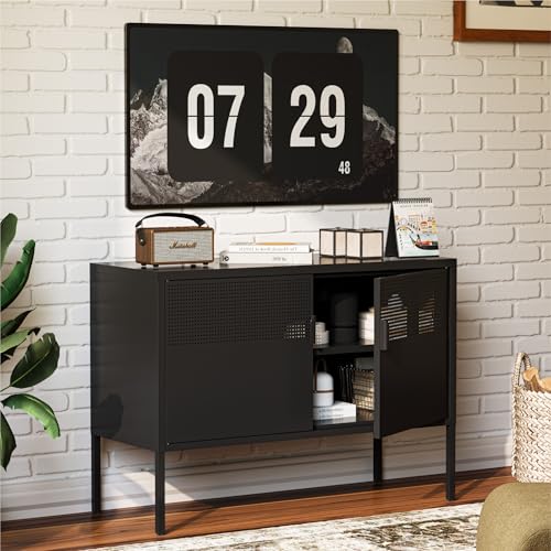 COFaR TV Stand for TVs up to 75 Inch, 40‘’L Media Console with Ventilation Doors, Metal Entertainment Center with Adjustable Shelves & 120Lbs Storage for Living Room & Bedroom, Black - color: Black, size: 40"L with Mesh
