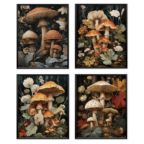 Locomiss Vintage Botanical Mushroom Cottagecore Wall Art Decor, Dark Gothic Cottagecore Whimsical Mushroom Wall Decor Posters For Room Home Bedroom Bathroom, Set of 4 (8x10 Unframed) - color: mushroom, size: 8x10 Inches