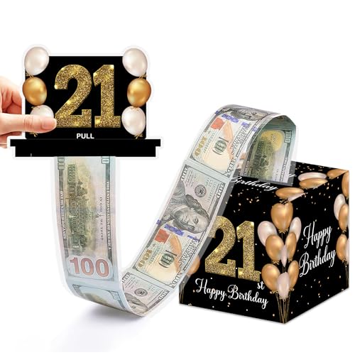 VIVORA 21st Birthday Money Box for Cash Pull, Happy Birthday Black Gold Boxes Gifts for Money Pull Out Card, 50Pcs Transparent Bags - color: Blackgold21st