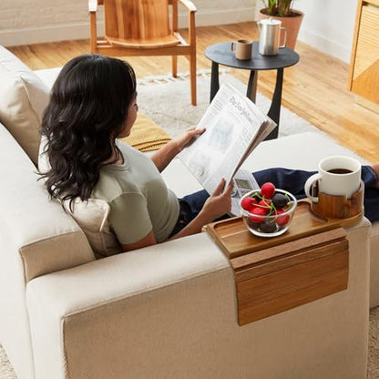 Couch Cup Holder Tray, 15.75" Acacia Wood Couch Armrest Table, 3 in 1 Foldable Sofa Clip on Side Table with 360° Phone Stand, Armrest Tray for Coffee Snacks - color: Acacia Wood
