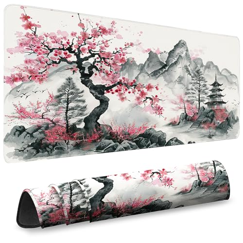 Gaming Desk Mat with Silky Smooth Surface & Exquisite Patterns,31.5x11.8 Inches Large-Sized Mouse Pad, Perfect for Extended Gaming,Work,and Home Office Decor (Japanese Ink Painting) - color: Japanese Ink Painting