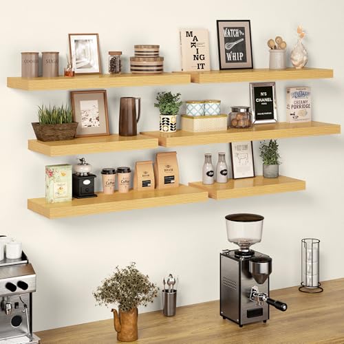 24 Inch Floating Shelves, 12 Inch Deep Floating Shelves for Wall, Extra Deeper & Thicker Wooden Wall Shelf with Invisible Brackets, Shelf for Bedroom Living Room Home Decor（Oak, Set of 2） - color: Oak, size: 24"W x 12"D x 2"H, Set of 2
